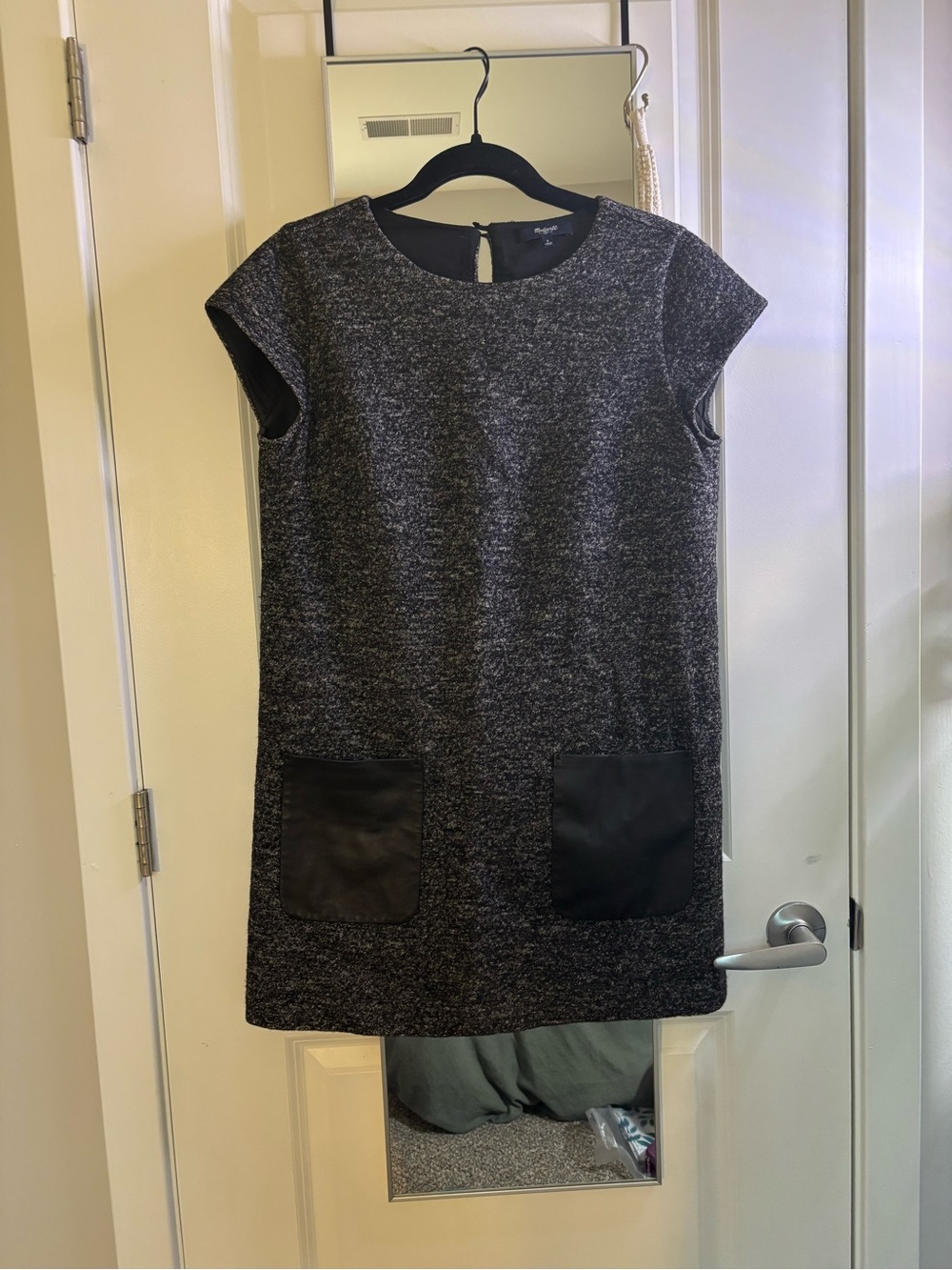 Madewell Heathered Black Wool Shift Dress with Real Leather Pockets